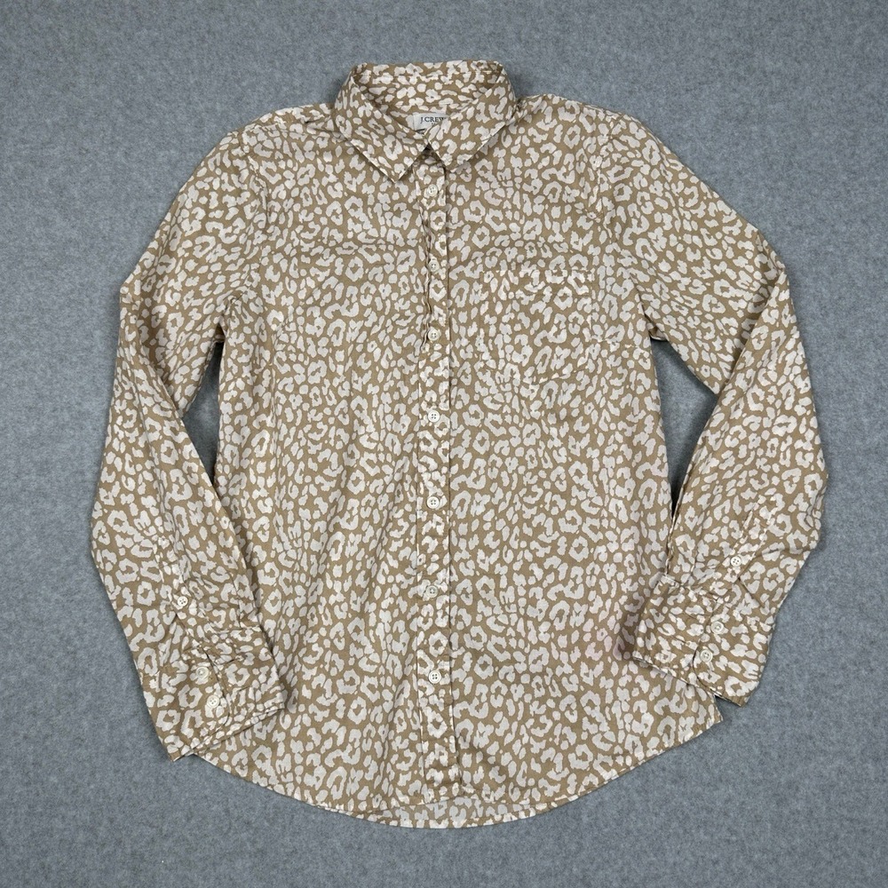 J.Crew Button Down Womens S Tan Leopard Print Long Sleeve Shirt Top Office